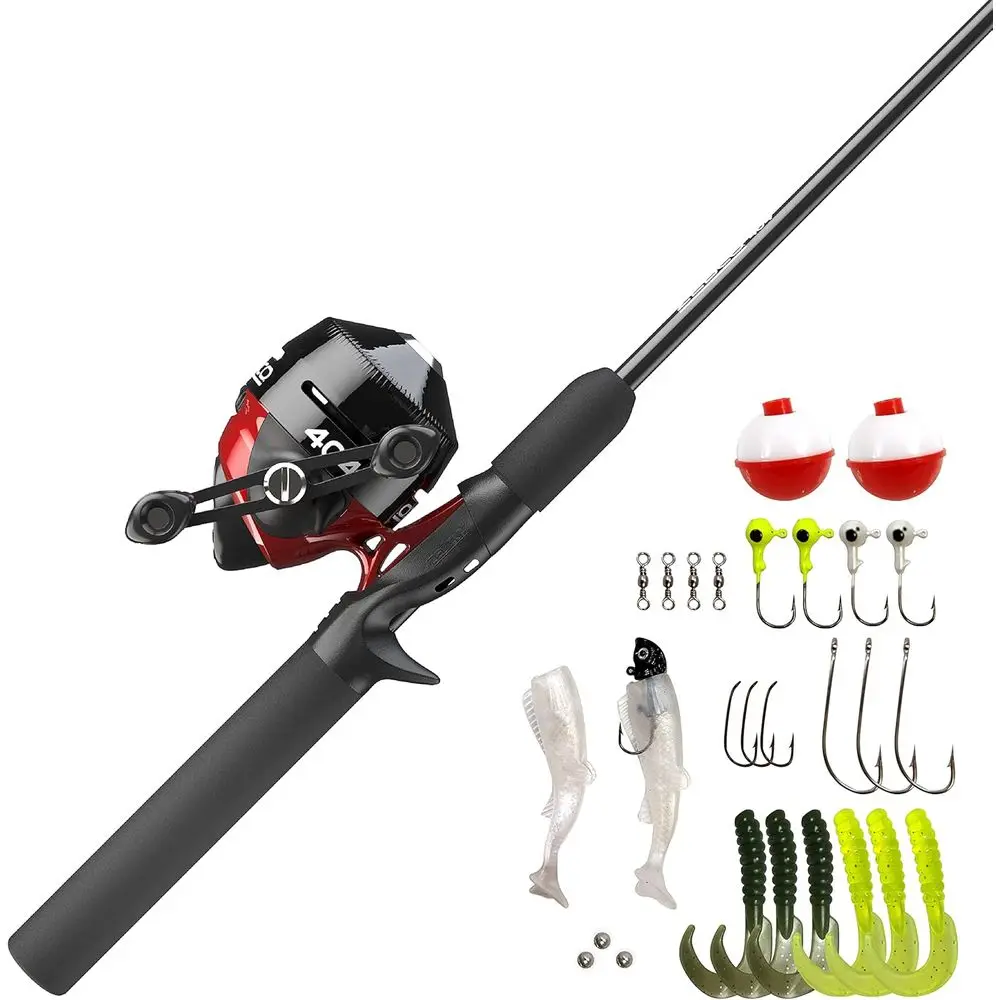 5'6 Two-Piece Fiberglass Spincast Rod Combo with EVA Grip, Anti-Reverse Reel and Bite Alert, 28-Piece Tackle Pack, Black/Red