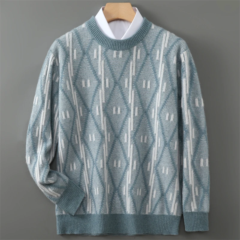 Men's Wool Knitted Clothing O-neck long Sleeved base 100% Merino Wool contrasting diamond shaped business warm sweater top