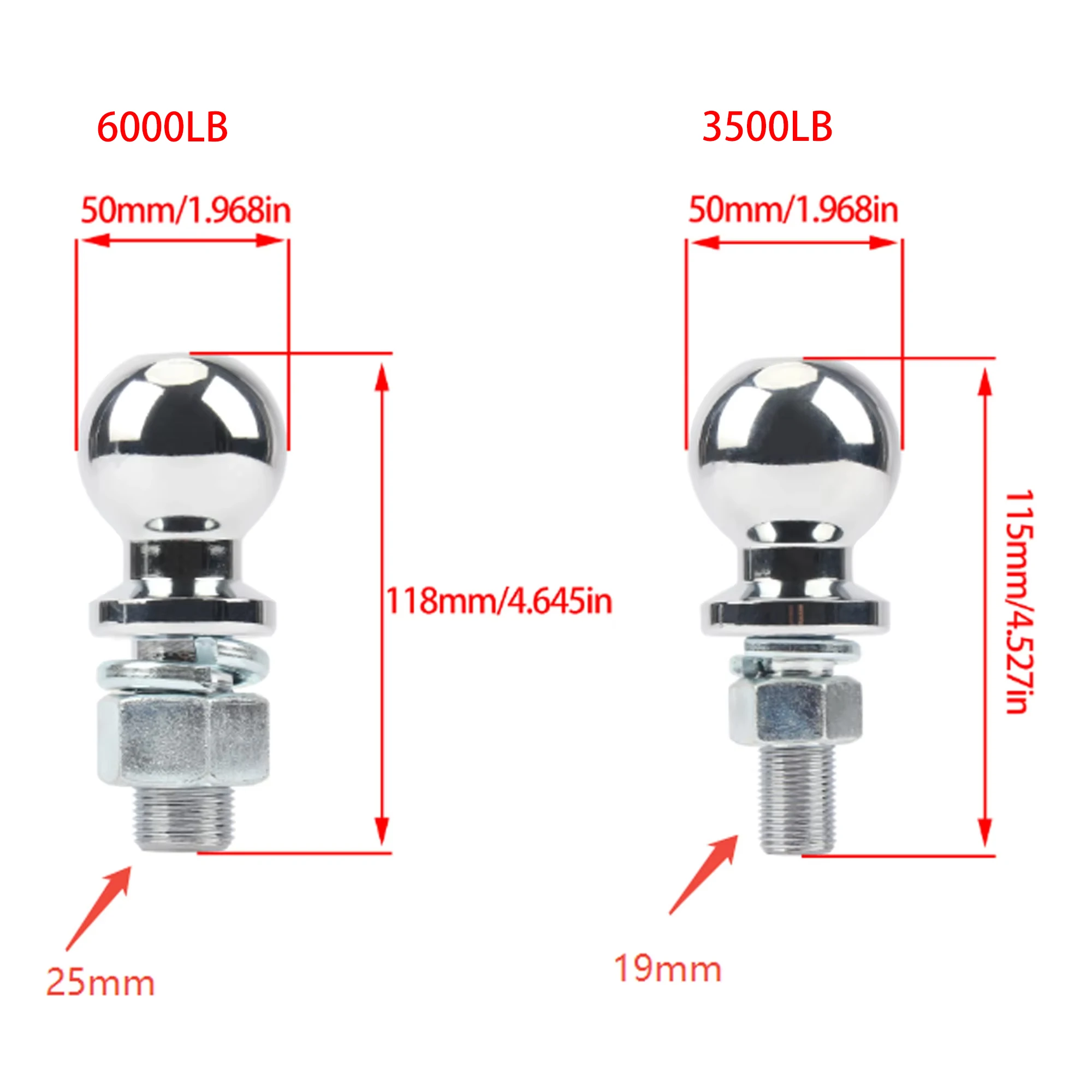 ATV UTV Ball Head Towing Hitch 50mm Chrome Tow Ball Shank Dia Durable Bumper Replacement Coupling Trailer Parts 2000 3500 6000LB