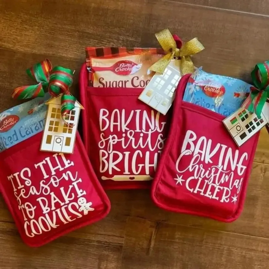 Guantes de aislamiento de horno con temática navideña, almohadilla de aislamiento divertida roja, bolsa de decoración de regalo de Navidad, soporte para olla