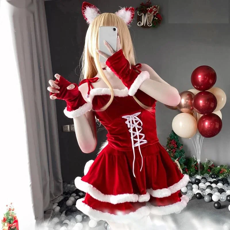 AniLV Christmas Female Santa Claus Series Costume Xmas Party Snow Elk Girl Red Dress Cloak Rope Unifrom Sexy pigiama Cosplay