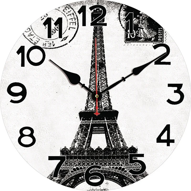 Black And White Paris Eiffel Tower Wall Clock Round Silent Clocks Wall Carfts Decor Home Bedroom Living Room Office Decoration