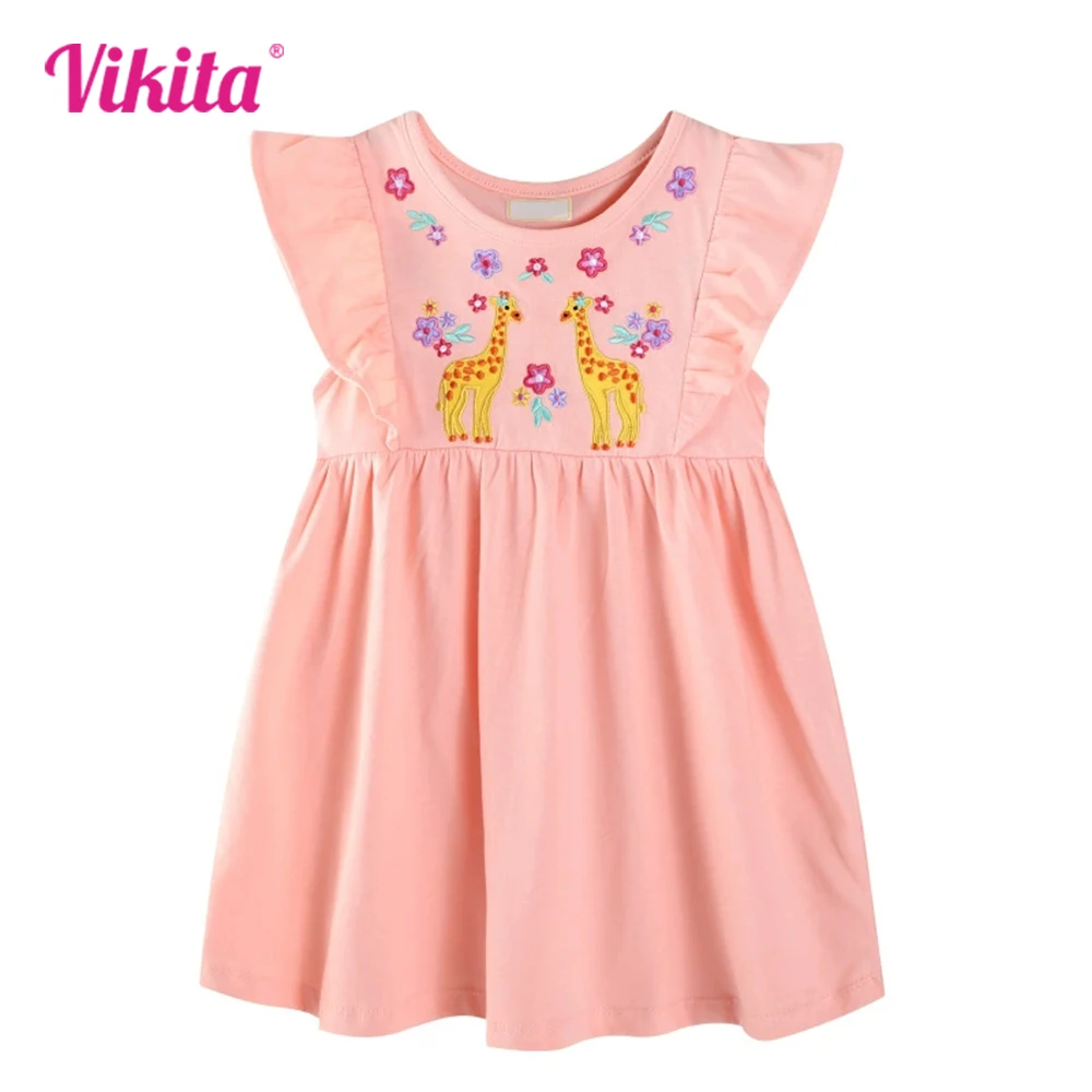 VIKITA 2025 New Baby Girls Casual Summer Dress Children Giraffe Floral Embroidered Cartoon Dress Vestidos Kids Cotton Clothes