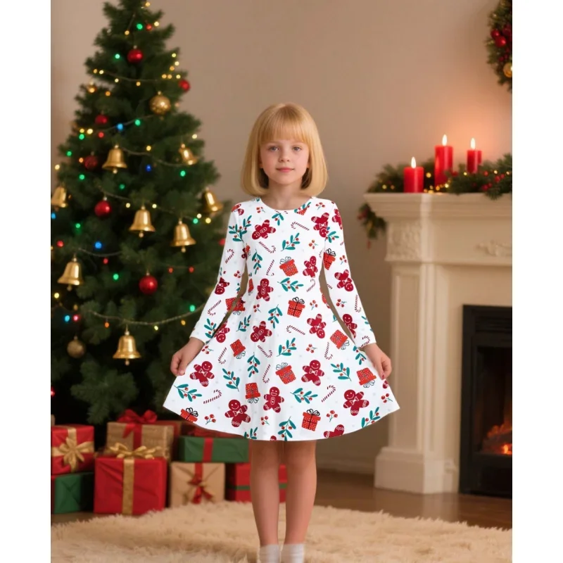 

2025 Girls Christmas Collection Cute Long Sleeve Dress