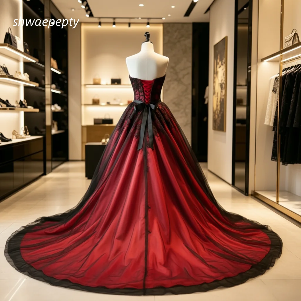 Red And Black Gothic Wedding Dress Sleeveless Long Tulle Vampire Vintage Bride Gowns Lace Appliques Back Lace-Up Customized