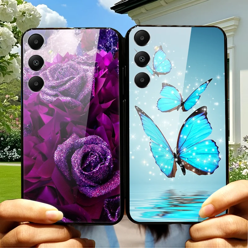 Butterfly Phone Case For Samsung Galaxy A36 A16 5G Etui A 36 16 Coque Luxury Tempered Glass Hard Back Cover Funda Floral Capa