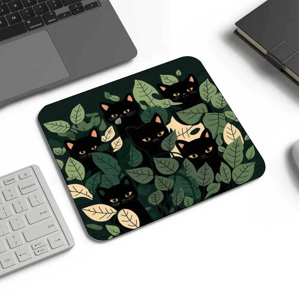 Cute Black Cat Hidden In Green Leaves Square Mouse Pad Non Slip Rubber Desktop Mat For Home Office Laptop Gaming Sessions