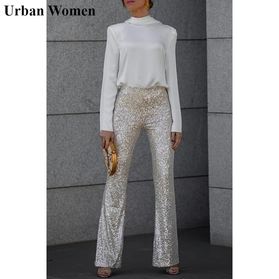 

Spring Fashion Sequin Pants Women Casual High Waisted Elastic Sequin Wide Leg Pants Women