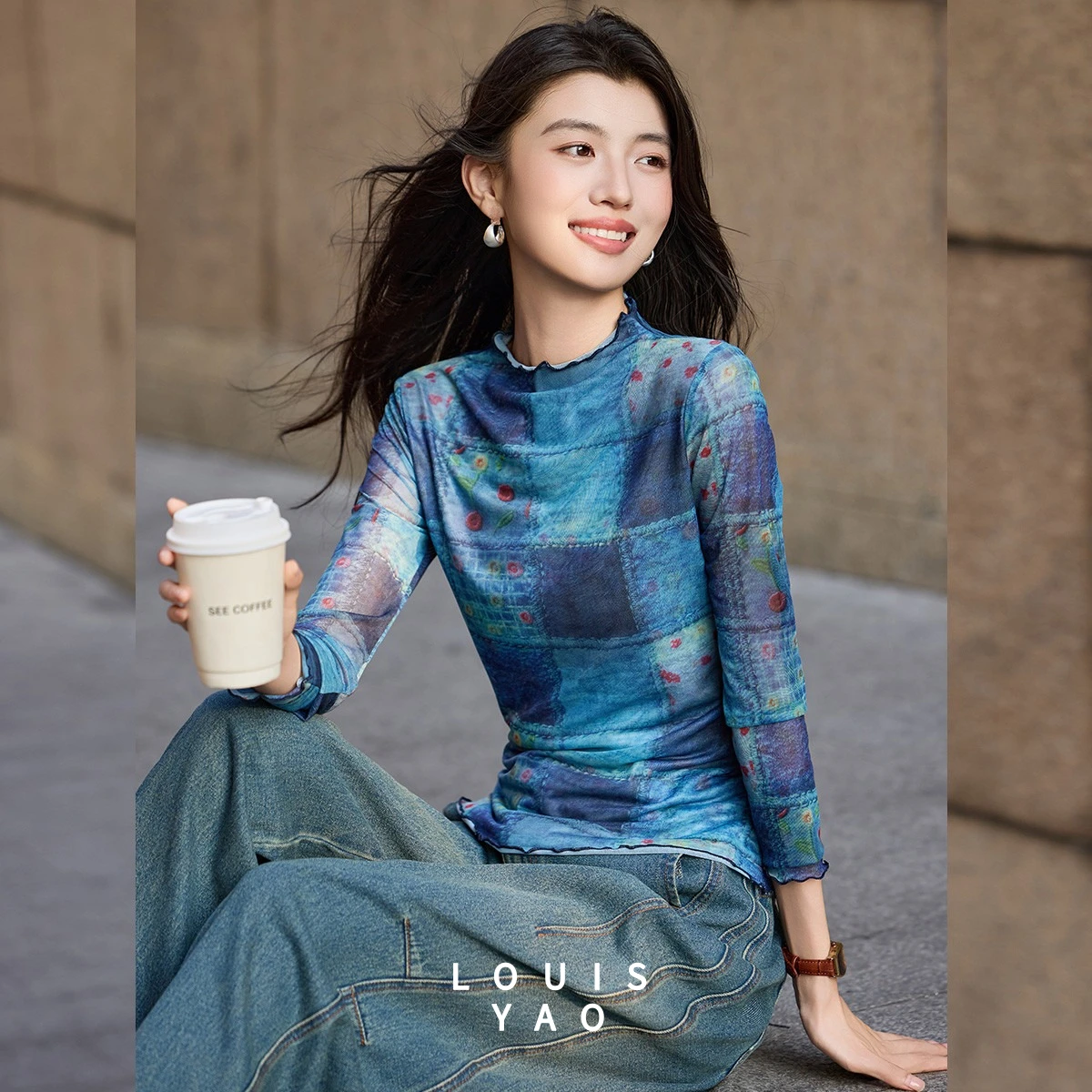 LOUISYAO Retro Printed Long Sleeve Tee 2026 Spring Autumn Women Stand Collar Ruffle Hem Contrast Color Pullover Top