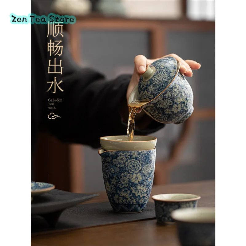 Retro Ru Kiln Flower Ceramic Three Covered Bowl Kung Fu Tea Set Single Open Piece Can Be Raised Not Hot Tea Infuser