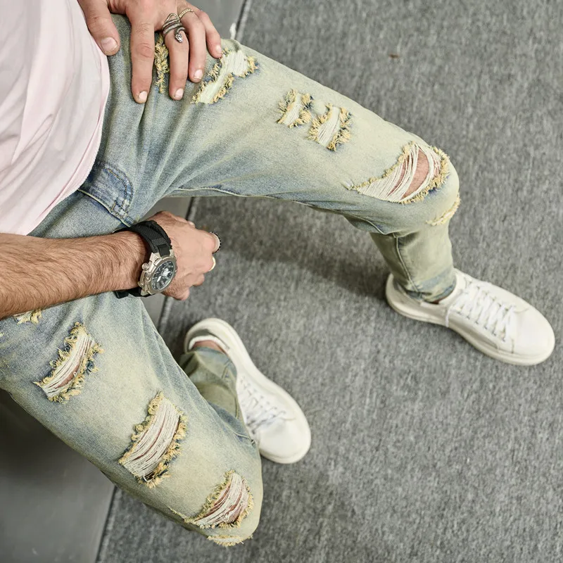 Spring Men Vintage Ripped Skinny Pencil Jeans Pants Hip Hop Stylish Holes Male High Street Slim Casual Denim Trousers