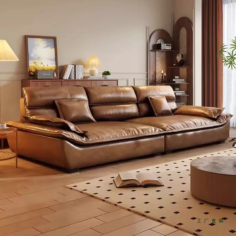 Italian minimalist high backrest sailing sofa light luxury simple straight row large sitting deep living room retro oil wax