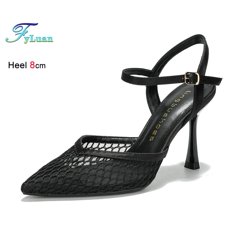 

Новые черные сетчатые летние туфли 2026 года для женщин, на тонком высоком каблуке 8 см, с закрытым носком, на ремешке с пряжкой, модные универсальные женские сандалии