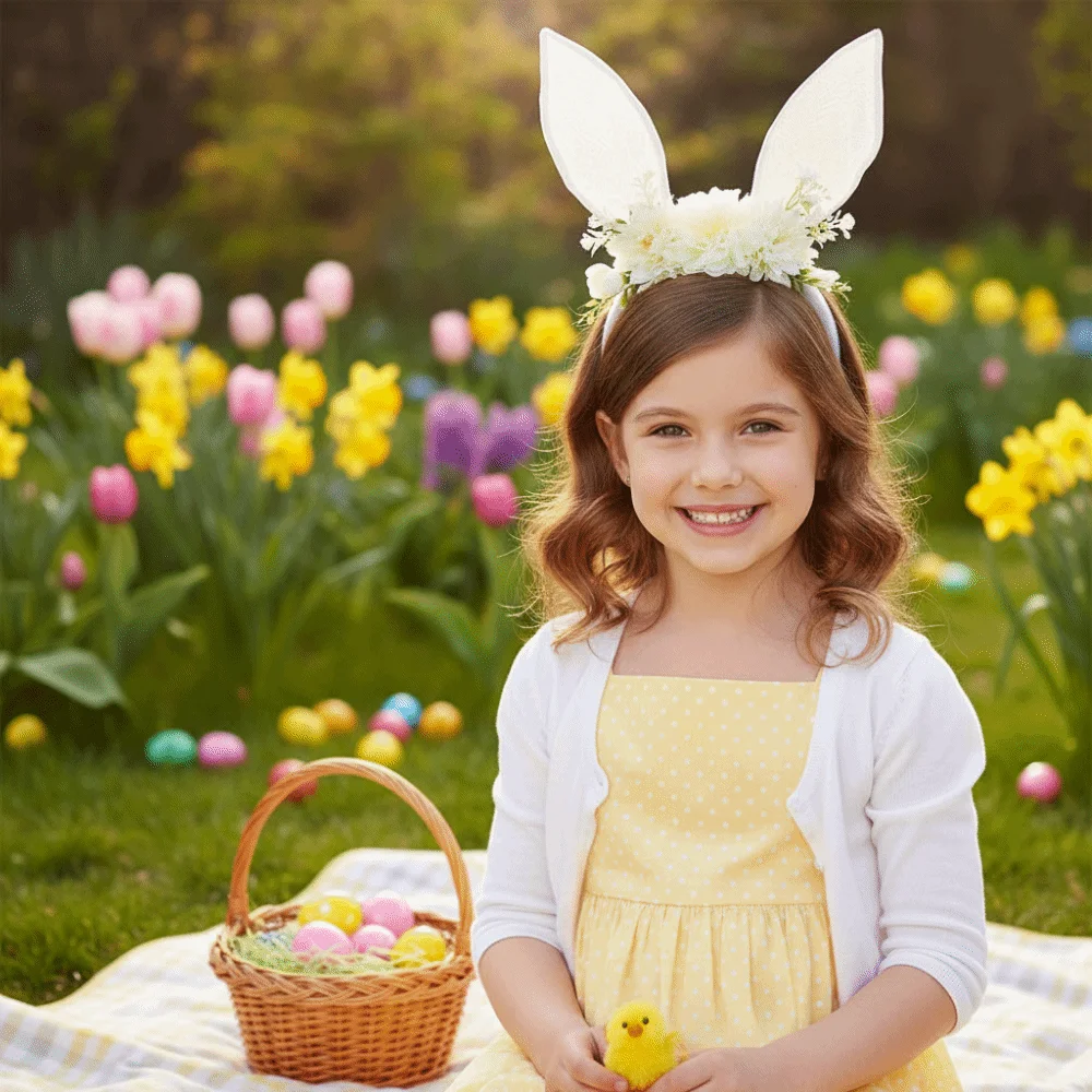 

Flower Rabbit Ears Headband Floral Colorful Easter Headwear Headpiece Photography Props Cute Bunny Ears Hair Hoop Party Favors