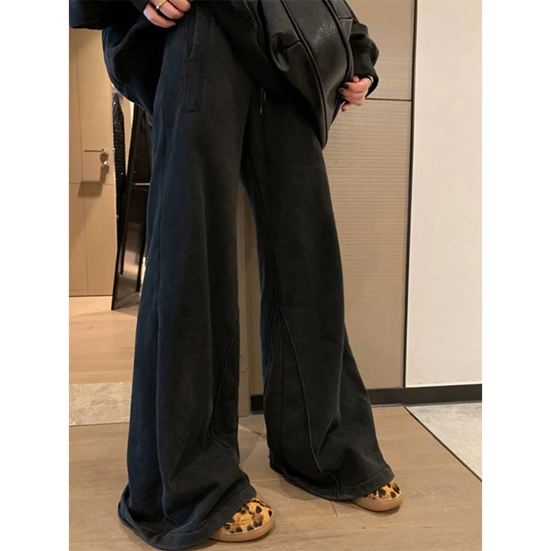 

Черные спортивные штаны из чистого хлопка, женская модная уличная одежда, мешковатые беговые брюки Y2K, расклешенные брюки в стиле Харадзюку, осенне-зимние повседневные брюки, новинка