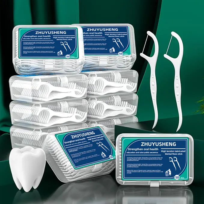 

50, 300, 600-piece individually wrapped floss picks, single-piece portable pouches, travel-friendly floss for hotels, restau