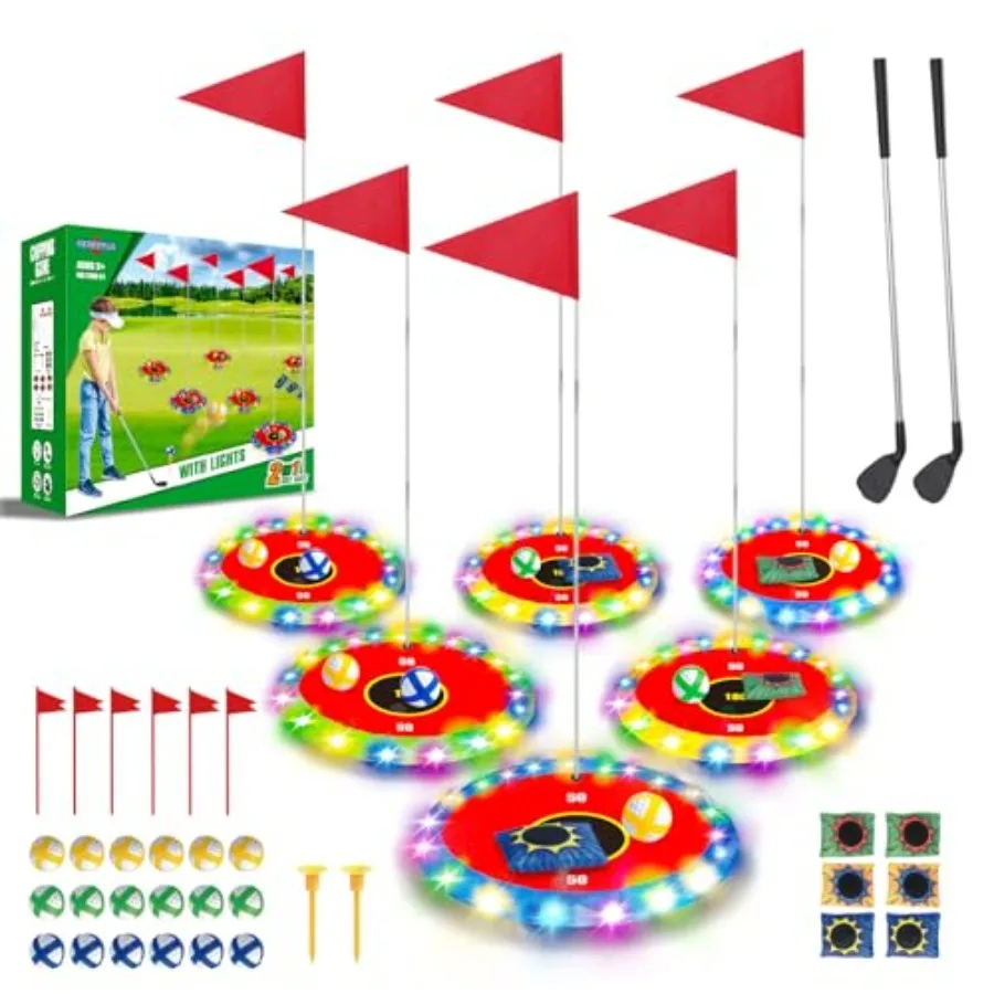 

Набор для игры в гольф с подсветкой: 6 LED-мишеней, 2 клюшки, 18 мячей, 6 мешочков с шариками. Игрушки для ночного гольфа для всей семьи: для дома, улицы, пляжа, газона.