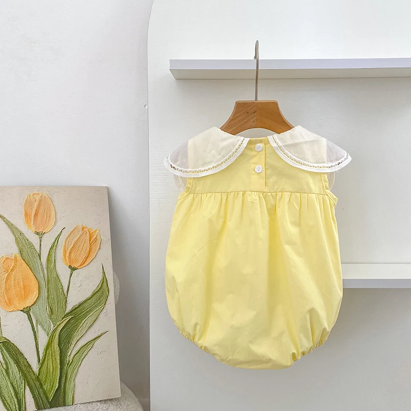 0-24M Baumwolle Sommer Baby Mädchen Kleidung Neugeborenes Baby Mädchen Strampler Ärmelloser Blütenblatt-Kragen Overall – Detail 15