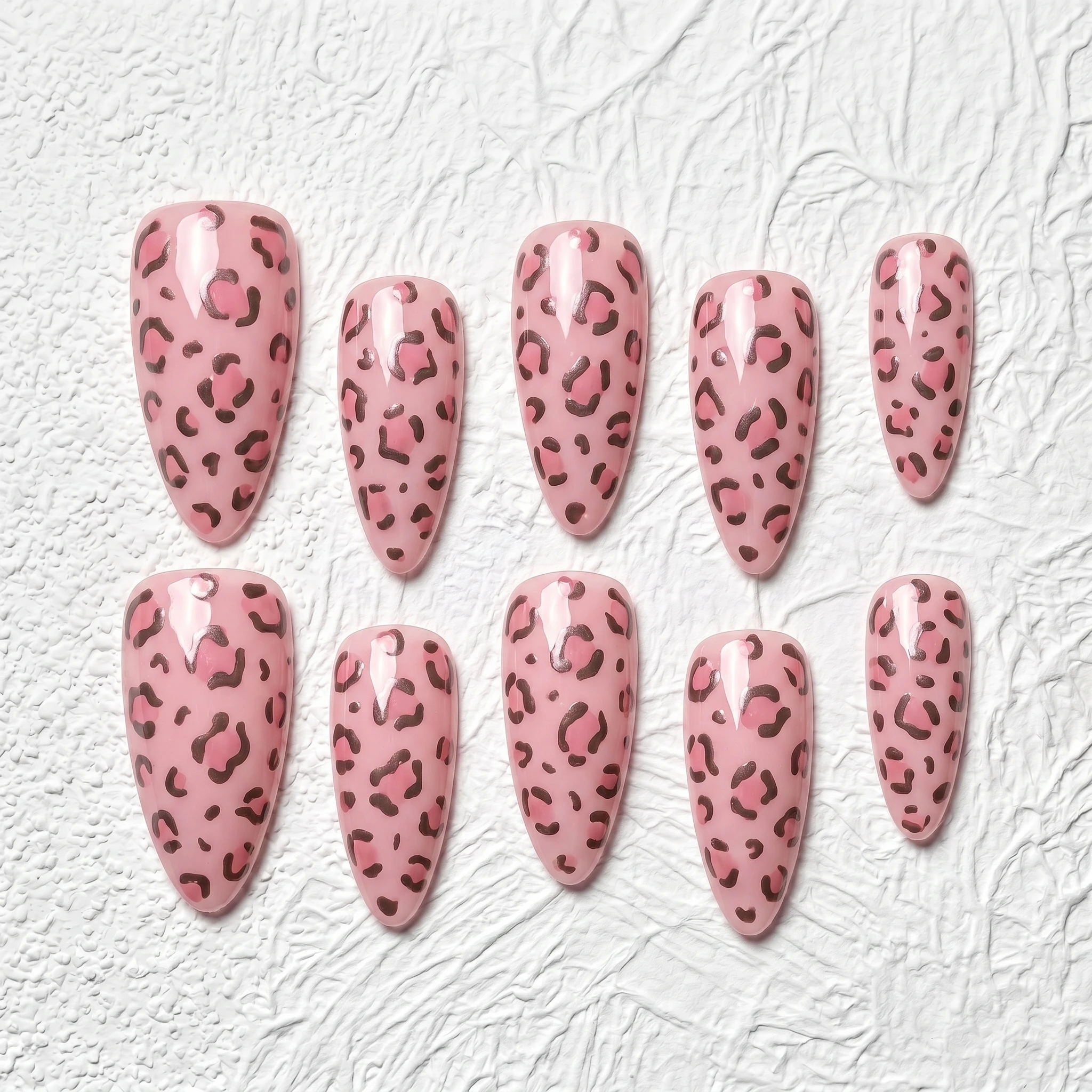 Artisan Handcrafted 10PCS Playful Stiletto Leopard Print Press-On Nails | Glossy Pink & Brown, Party Wear Salon Finish