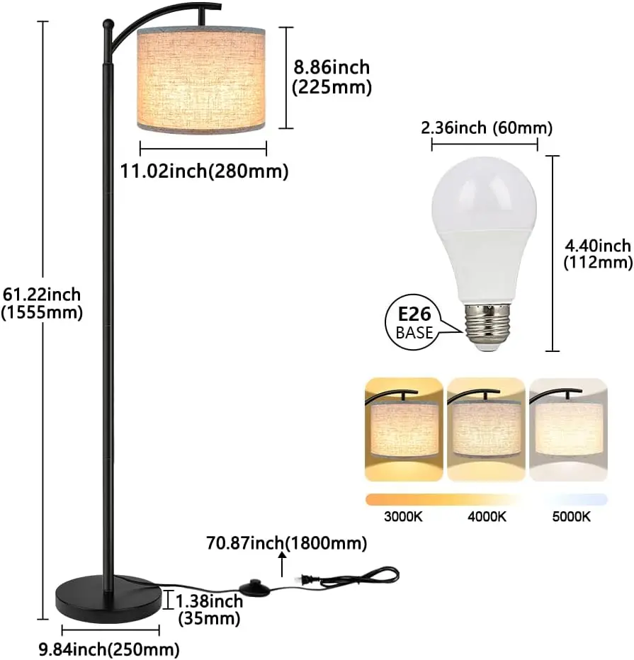 Floor Lamp for Living Room with 3 Color Temperatures LED Bulb, Standing Lamp Tall Industrial Floor Lamp Reading