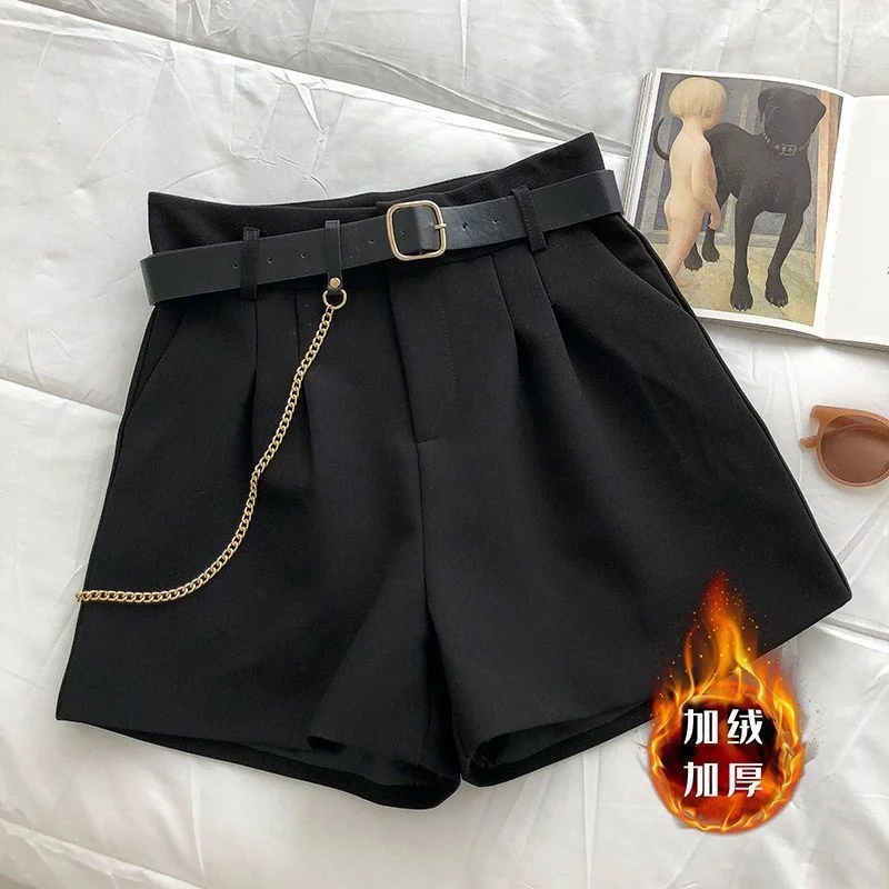 

Autumn Winter Suit Shorts Women Korean Fashion Slim High Waist A-line Wide Leg Short Pants With Belt