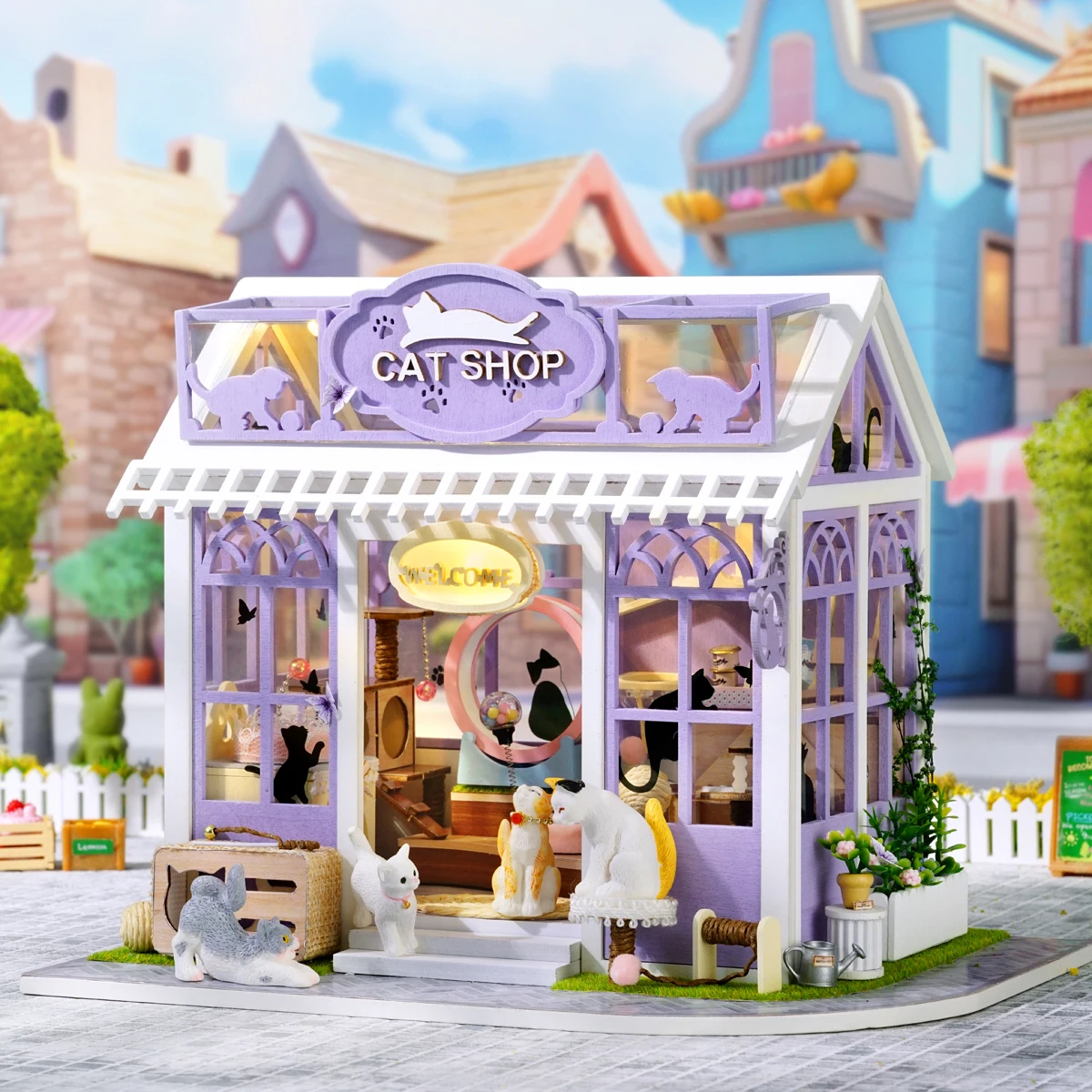 

Wooden Miniature Doll House Cat Shop 3D Puzzle Assembly Building Model Toy Home Bedroom Decoration With Furniture Dollhouse Gift