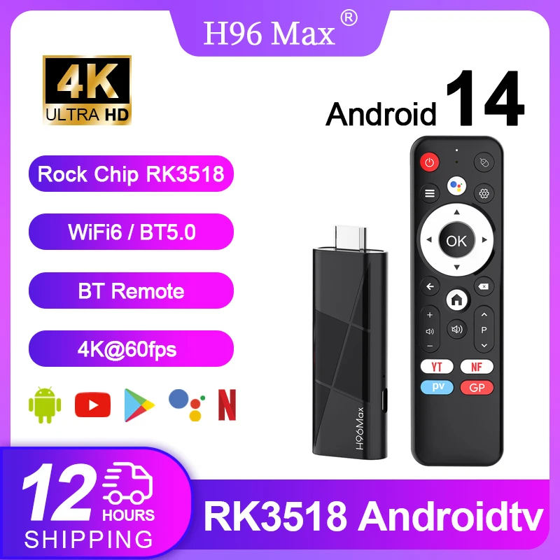 H96 MAX RK3518 Mini TV Stick Inteligente Android 14 Wifi 6 BT 5.4 4K Quad-Core Ethernet con Asistente de Voz de Google Reproductor Multimedia Set Top Box