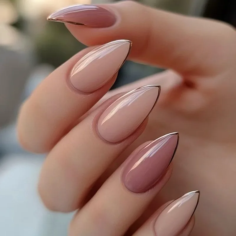 24pcs Simple French Fake Nails Art Gradient Pink Short Almond False Nail White Tips Press on Nails Shiny Powder Design Manicure