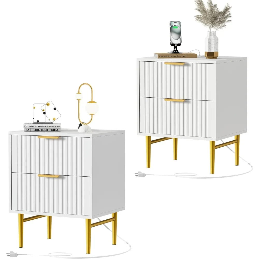 Pair of Modern Wooden Nightstands with Charging Stations, Dual Drawers, USB Ports, and Outlets