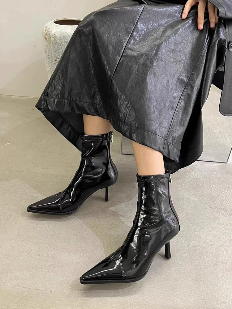 Boots Women New 2023 Zipper Pointe Shoes Winter Footwear Pointy Autumn Ladies High Heel Ankle Rubber Leather Microfiber Solid R