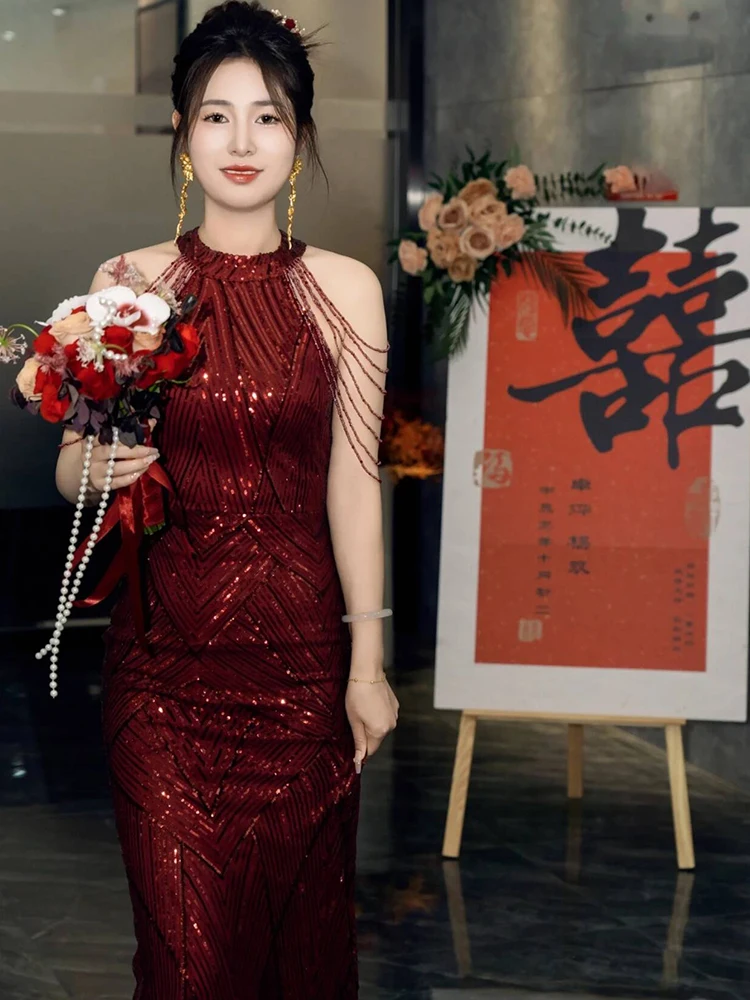 

Вечернее платье Bridefish Tail с открытой спиной, цвета красного вина, свадебное, блестящее, в корейском стиле, со средней талией