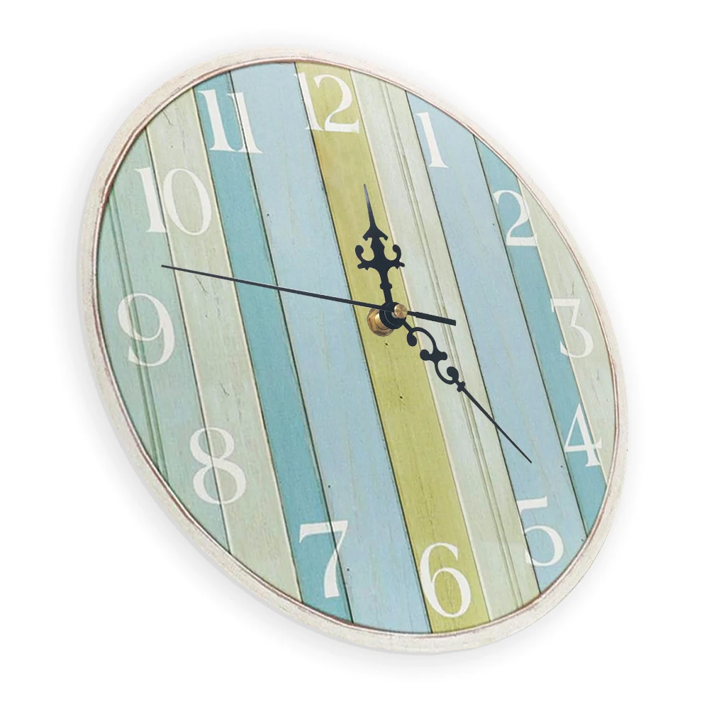 Coastal Striped Wood Printed Wall Clock Beach House Home Decor Shabby Chic Pastel Blue Green Cottage Wall Clock for Beach House