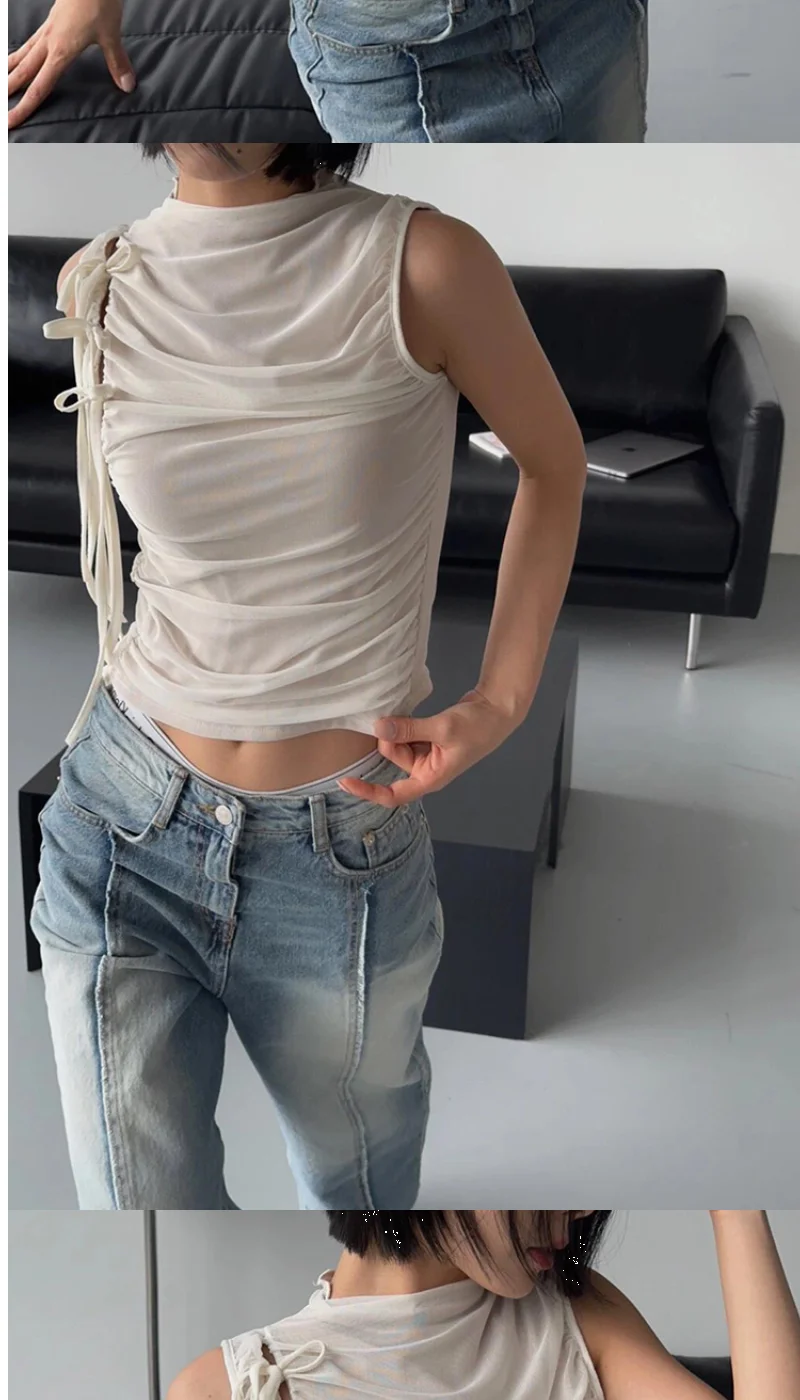 صدرية شبكية مزدوجة الطبقات جديدة لربيع وخريف 2026 مع حزام وطيات عند الخصر وياقة شبه عالية