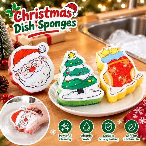 Christmas Dish Sponge Cute Santa Christmas Tree Shape Kitchen Cleaning Sponge Pot Pan Dishwashing Sponge Xmas Decor Gift