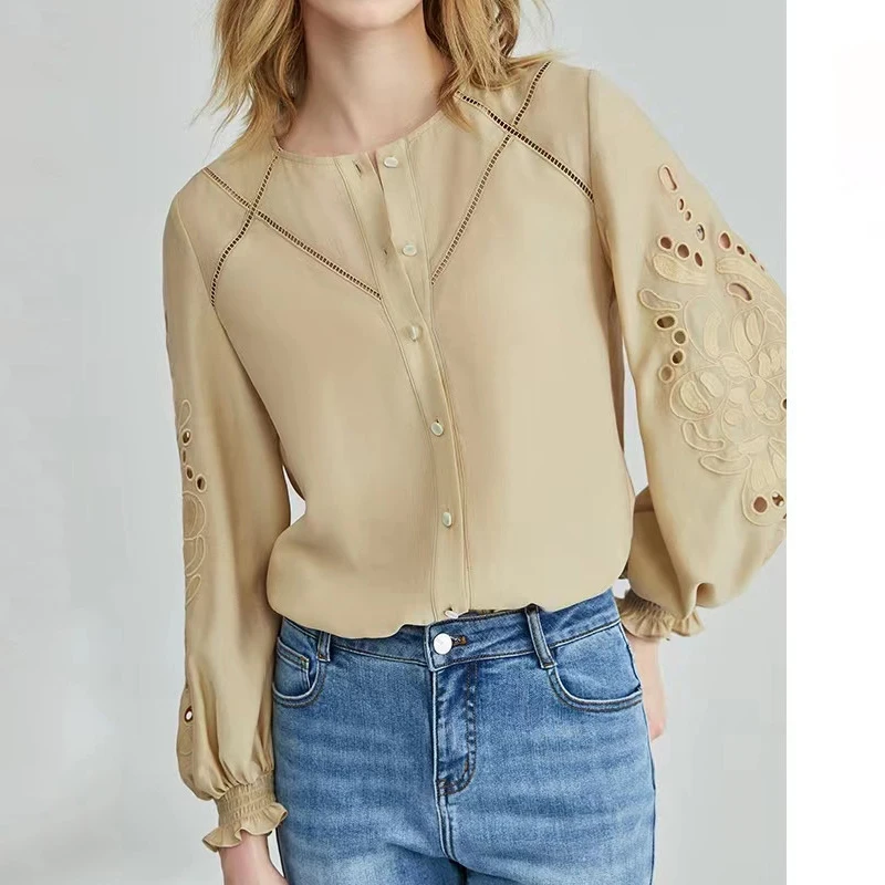 

Fashion Elegant Chiffon Women Shirts Hollow Out Lantern Long Sleeve Tops Autumn O Neck Casual White Blouse Blusas Mujer 24397