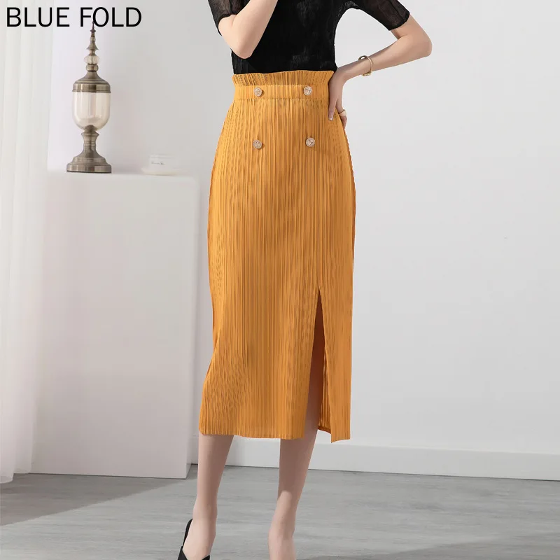 

Summer New Split Pleated Skirt High Waist Fashion Design Package Hip Four Button A-line Skirt MIYAKE PLEATS Faldas Cortas