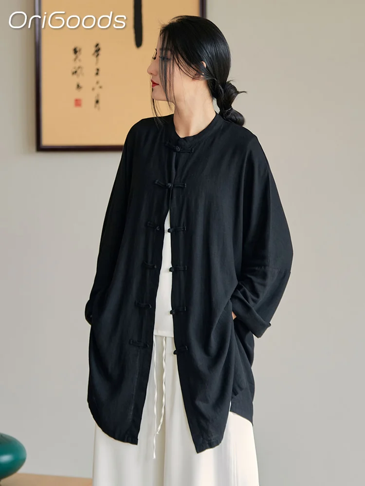 OriGoods Oversized Shirt Women Solid Red Black White Linen Shirts Oversized Chinese Japan Zen Style Long Shirt Blusas Tops B010