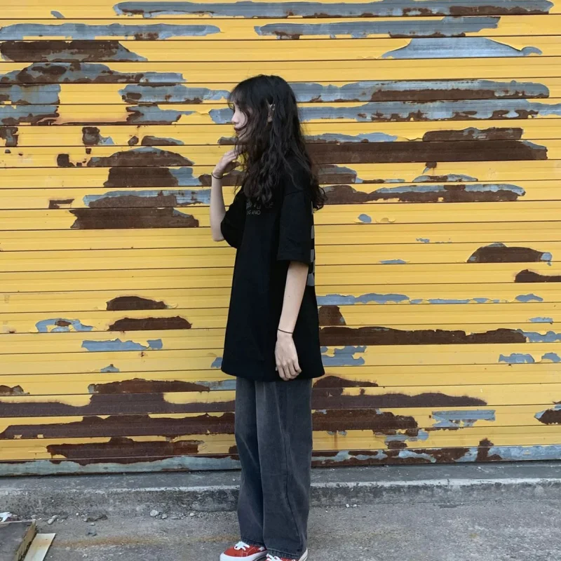 تي شيرت نسائي كوري فضفاض ort Sve تي شيرت Harajuku Sle متوسط الطول مستدير Ne Top مزيج من القطن والبوليستر والألياف اللدنة #5