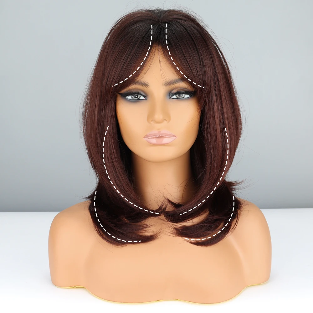 Ombre Brown Synthetic Wigs With Bangs Medium Length Natural Straight Hairs Wig for Women Daily Resistant Wig