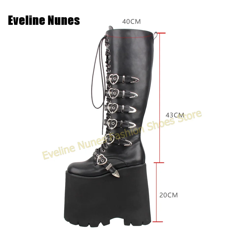 Y2K Gothic Lolita Tall Platform Boots Black Matte Heart Shaped Metal Buckle Chunky Sole Punk Street Style Party Fashion Shoes view 5