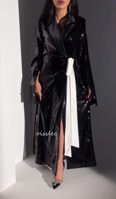 

Oisslec Fomal Evening Dress Saudi Arabia Prom Black Sequins Prom Dress Fashion A-line Evening Paillette Anke Length Custom