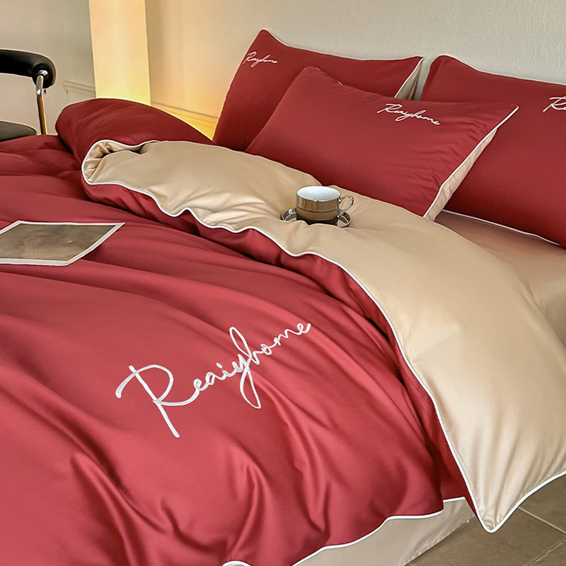 

Luxury Embroidery Pure Cotton Bedding Sets 100% Cotton Skin Friendly Bedroom Duvet Set Nordic Solid Color Rolled Edge Bedclothes