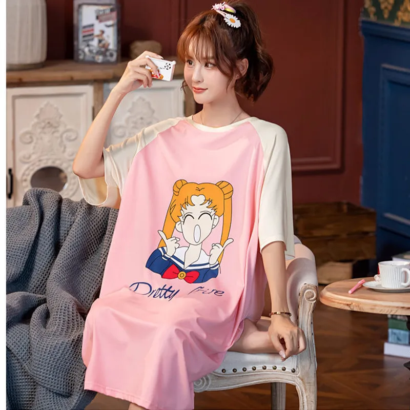 Summer Nightgown For Women Loose Nightdress 2022 Kawaii Sailor Girls Print Sleepdress Anime Pijama Dress 5XL Nightwear