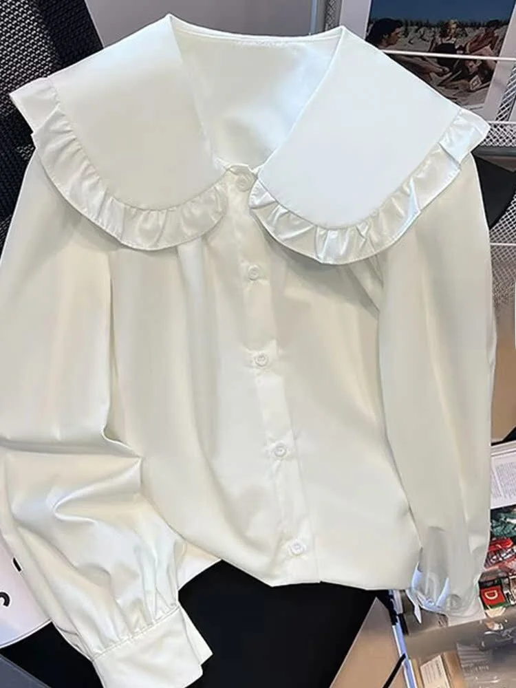 

Sweet White Shirt Women's Spring Autumn Retro Design Sense Doll Fashionable Elegant Doll Collar Long Sleeve Loose Fit Shirt