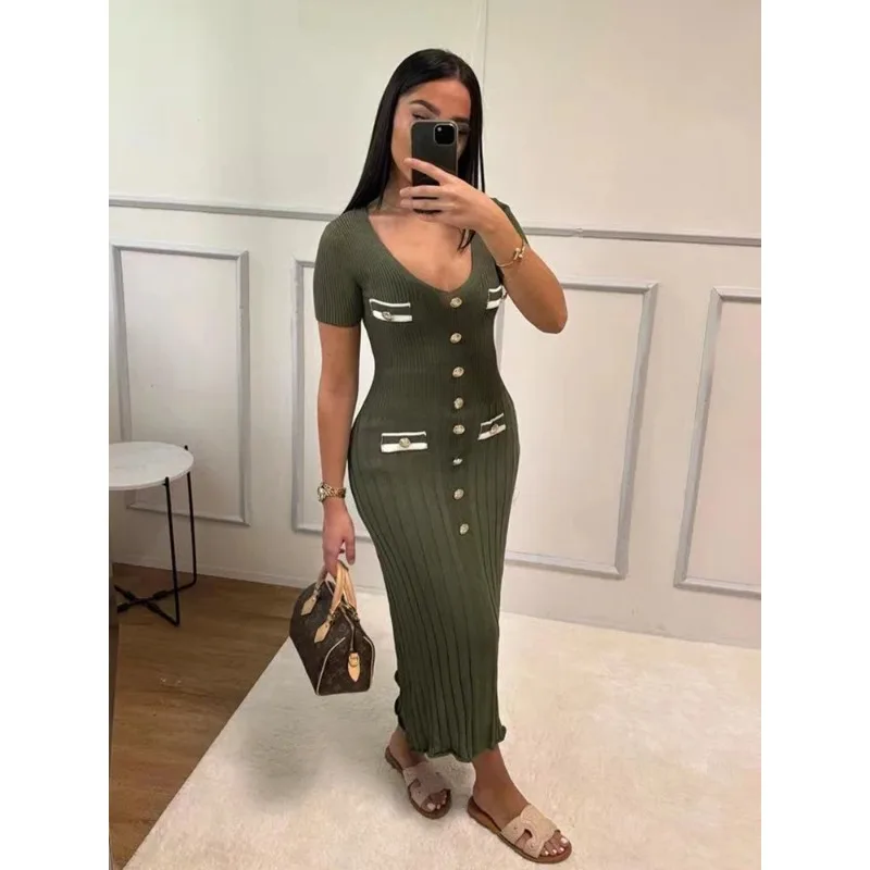 

Office Lady Elegant Knitted Long Dress Summer Short Sleelve V Neck Single Breasted Bodycon Dresses Women Party Fashion Vestidos