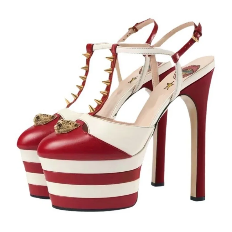 European and American Niche Design, 16cm High-heeled Nightclub Runway Sandals, Women's Sexy Thick Soled Buckle with Party Shoes