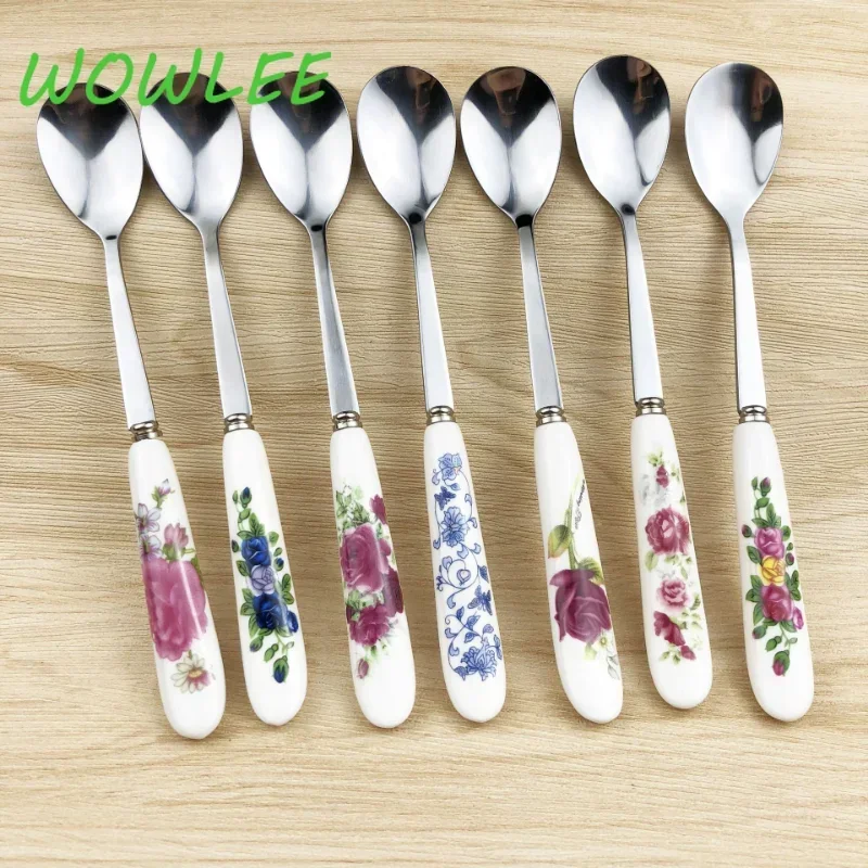 5Pcs/Set Stainless Steel Ceramic Handle Tea Spoon Creative Coffee  Honey Dessert Ice Cream  Small Teaspoon 15*2.6cm