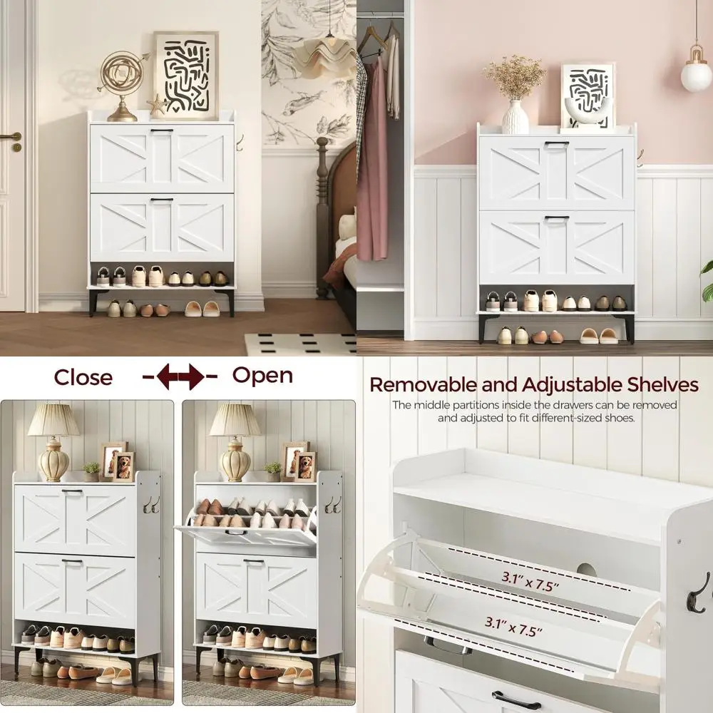 Organizador de zapatos independiente blanco con 2 cajones y almacenamiento abierto para entrada