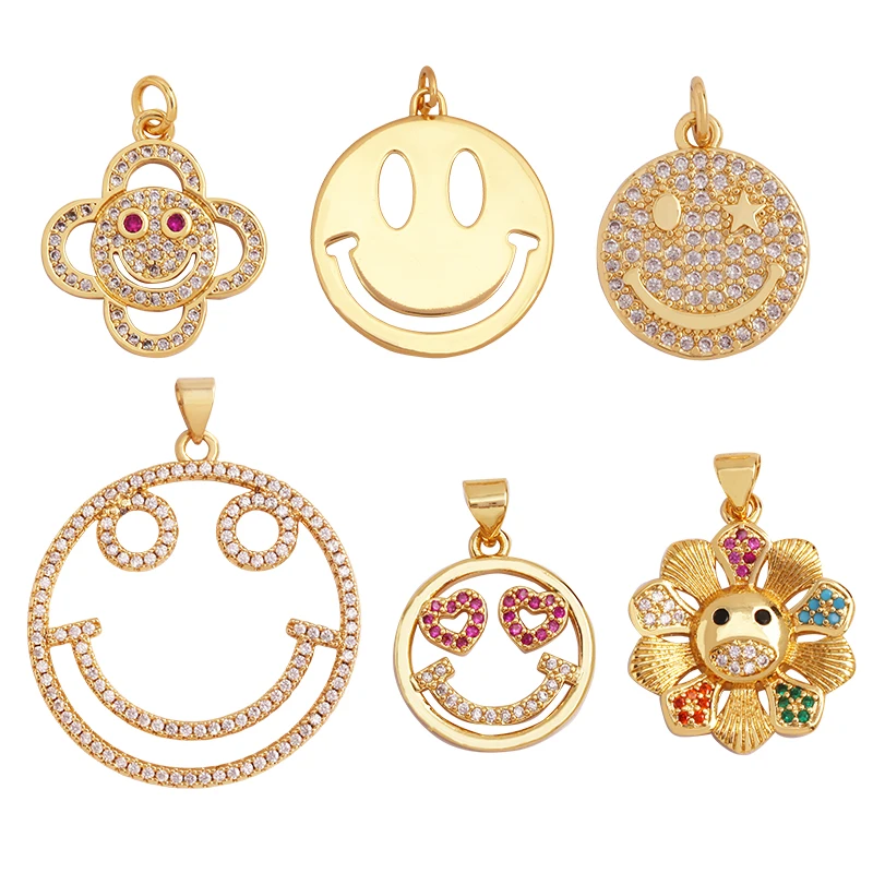 Fashion Happy Face Round Charm Pendant,Real 18K Gold Plated Zircon Necklace Bracelet Pendant Handmade Jewelry Accessories S37