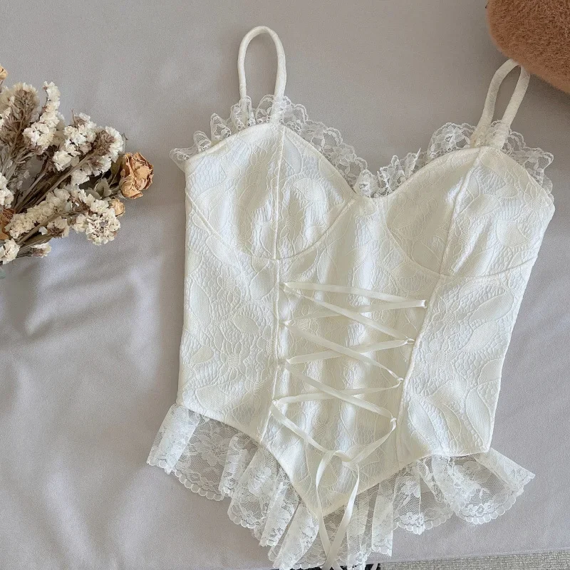 

Vintage Lace Corset Bustier Women Spaghetti Straps Tanks and Camis Sexy Slim Crop Top Urban Chic Camisole Fashion Summer Clothes